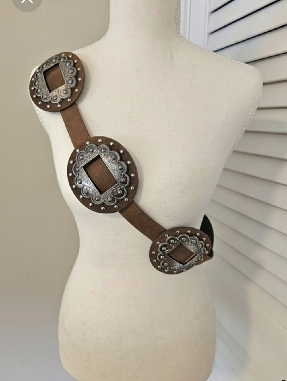 Brown Western-Inspired Leather Crossbody Belt with Silver Conchos